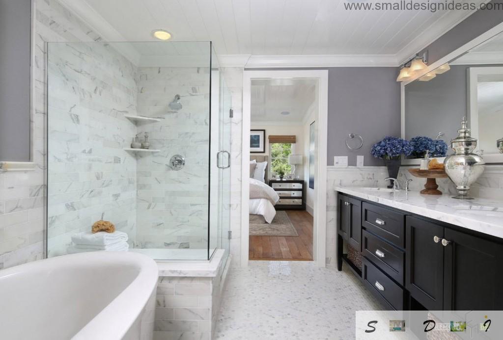 Black contrasting wooden furniture set in the white marble classic bathroom