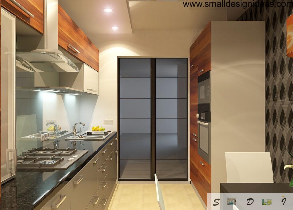 elongated galley kitchen design with modern minimalistic funriture set and all necessary appliances