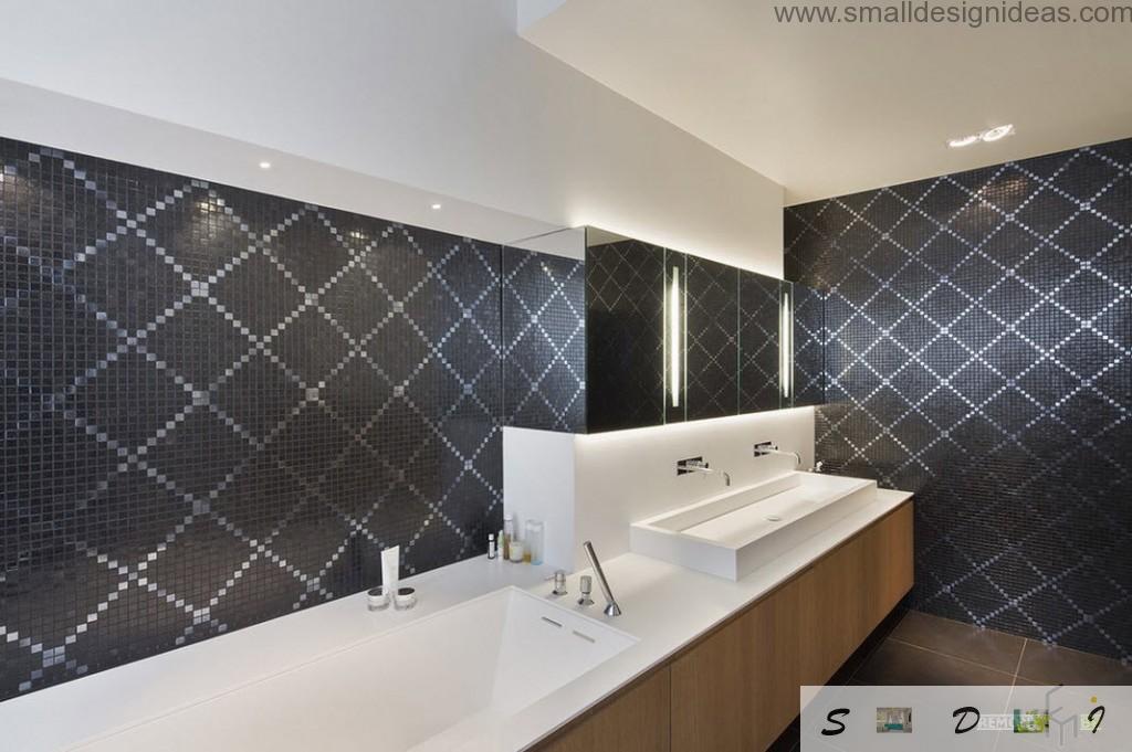 rhomboid decorative ornament of the dark walls in the modern bathroom