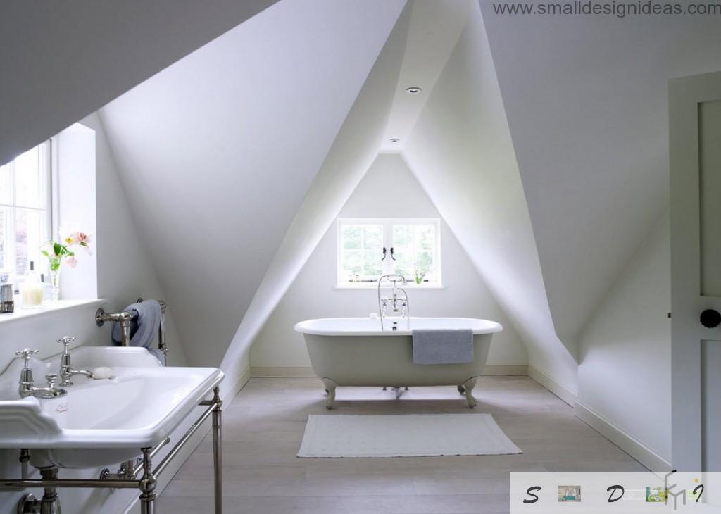 Unusual wall construction at the attic white bathroom creates unusual shades