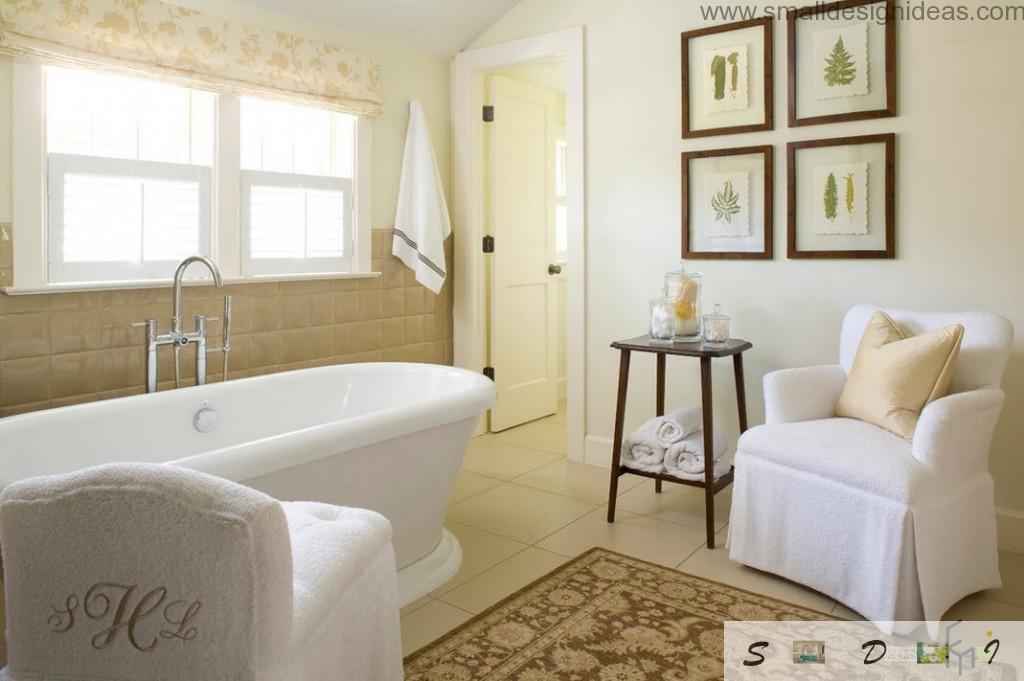 Modest and low-key design of the bathroom with pictures and rug at the floor