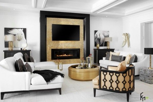 Fireplace in the small living room with light wooden colors and white paint