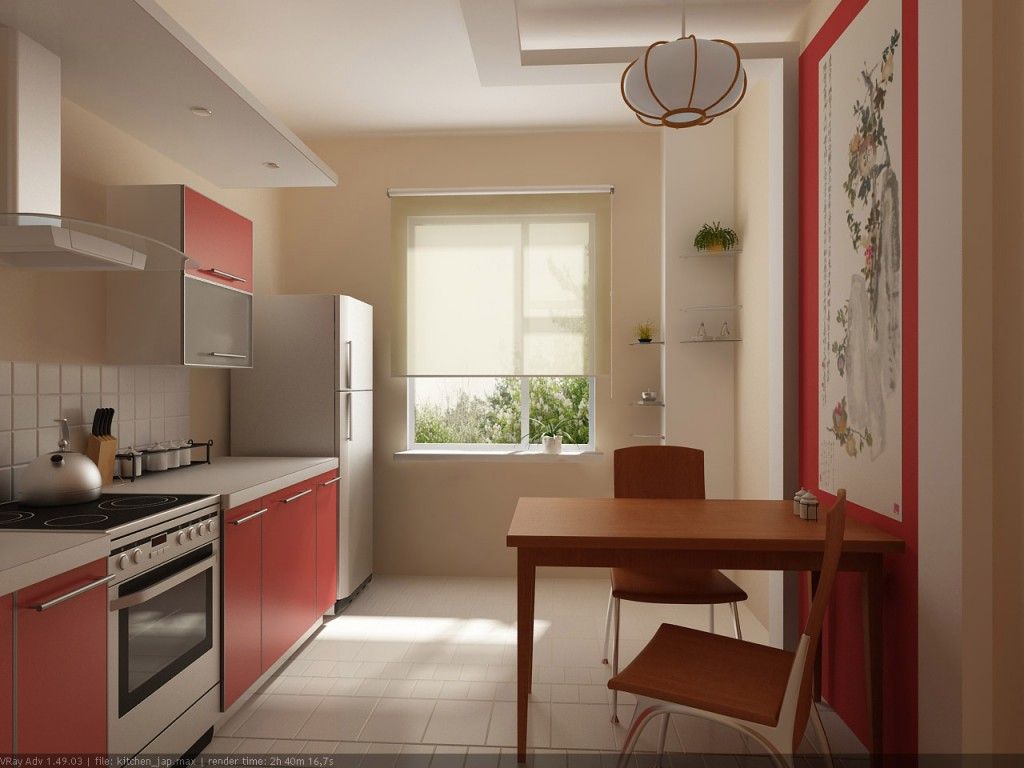 Discreet kitchen interior with red accents and minimalism style in the interior