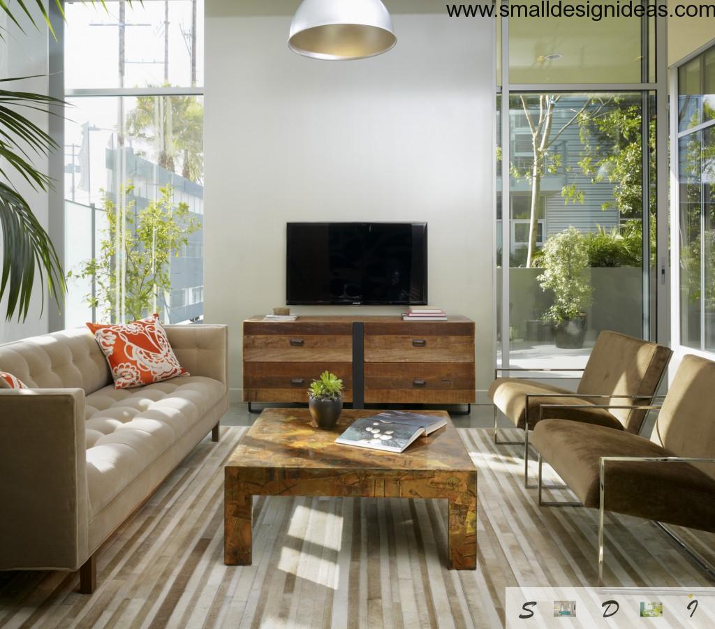 Bamboo linoleum and wooden striped furniture in the eco design living room to rest