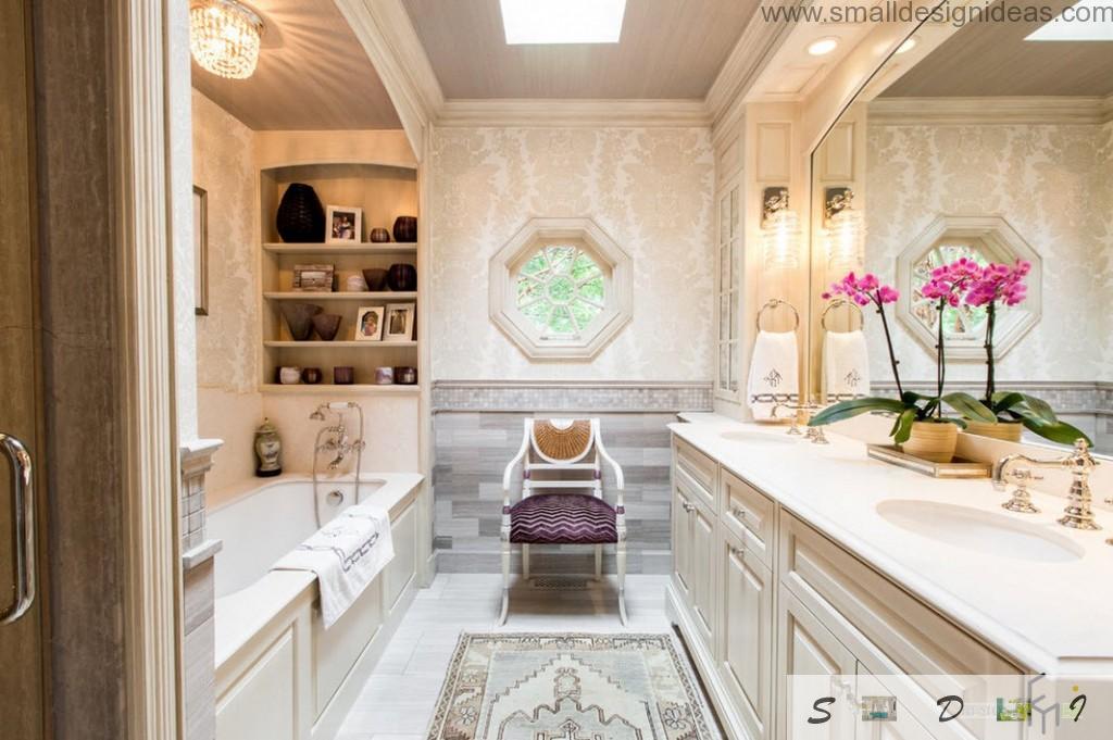 Royal interior of the bath with chair and carved wooden furniture in white color