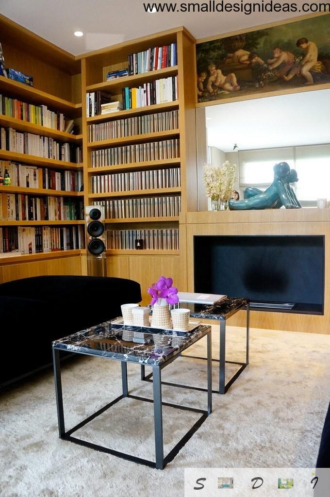 Living room with library zone in eclextic design style with steel coffee table