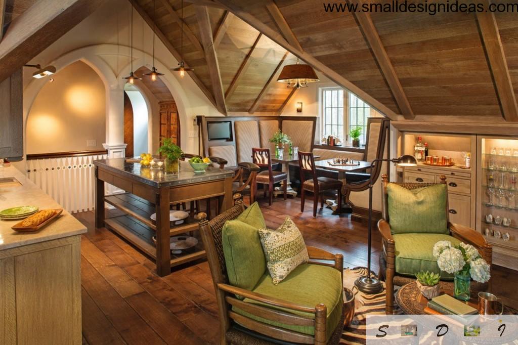 Wooden interior of the spacious living room in the house