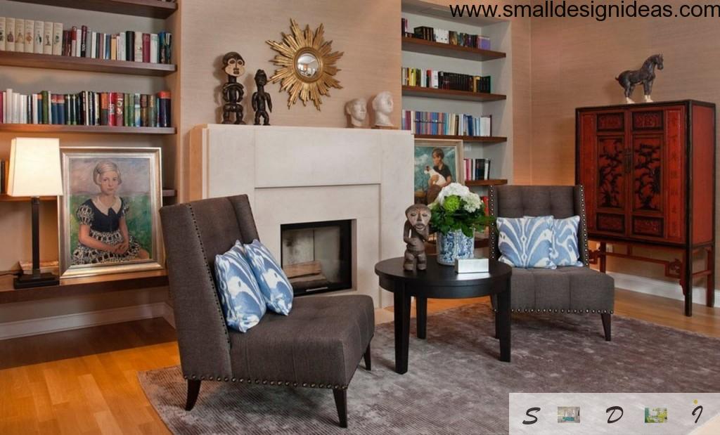 Living room interior with eclectic direction of the design and gray color gamma