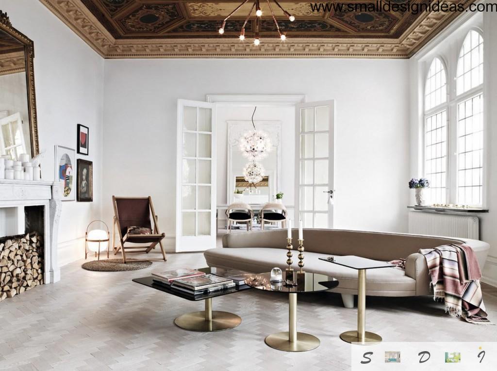 White interior of the living room with contrasting ceiling and lighting