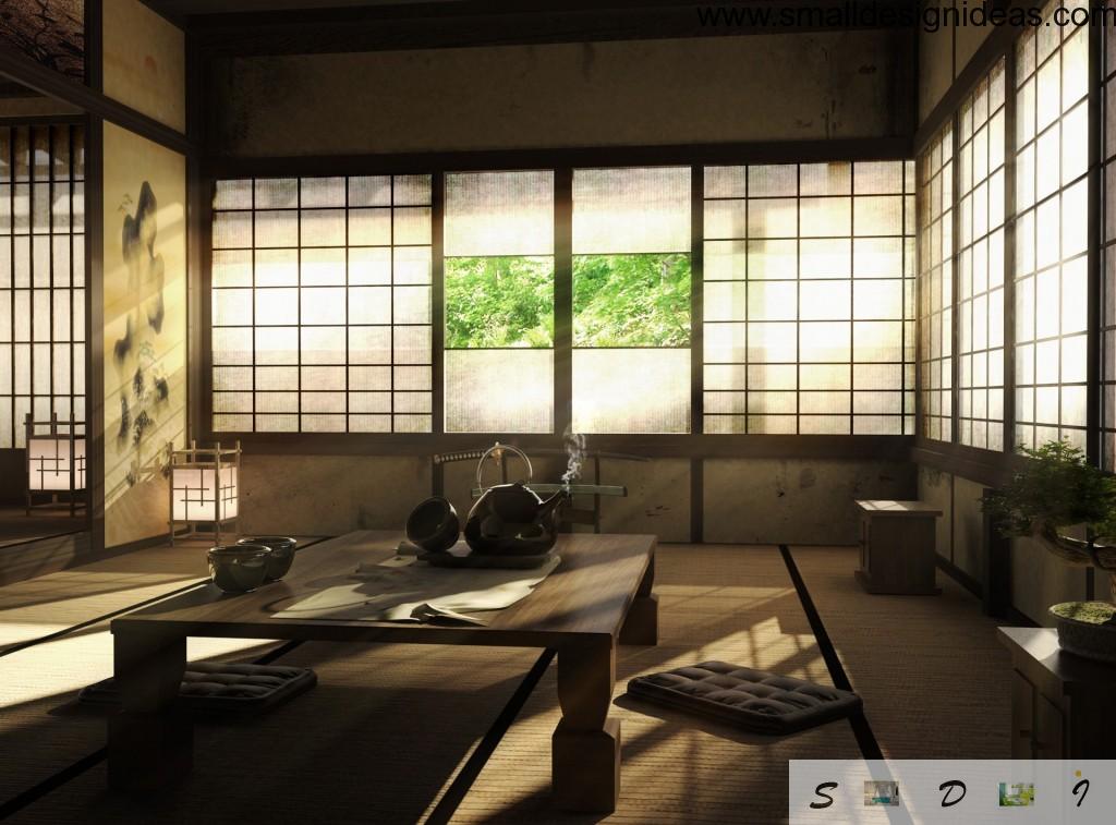 Dark ascetic Japanese interior with lattice windows and matts instead of carpet
