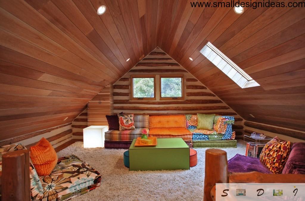 Wooden eclectic design interior for the attic living room premises