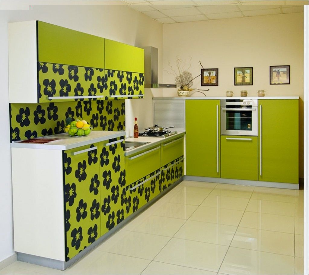 Furniture print and green color as the dominant in the small kitchen