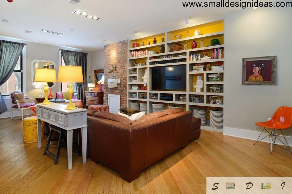 Open shelves in the modern living room interior