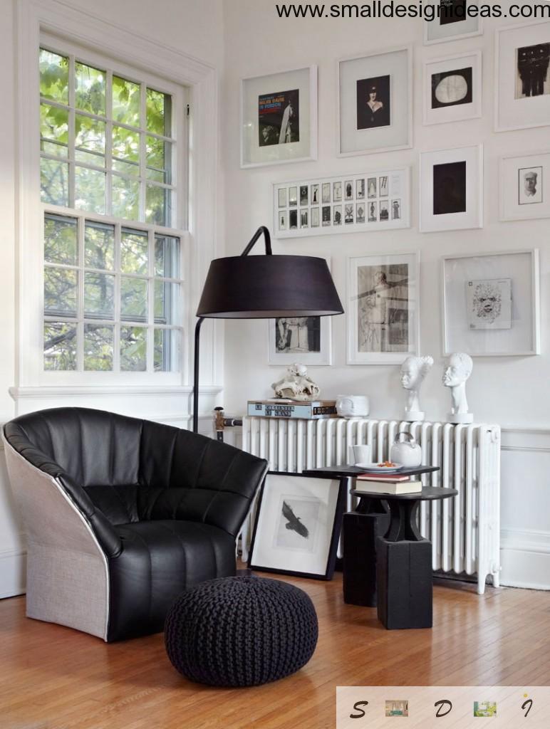 Contrasting eclectic living room interior of black and white colors