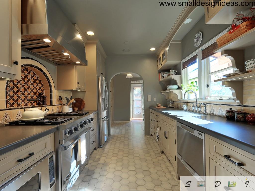 gray and white color theme for contemporary galley kitchen with spotlights and U-shaped furniture layout