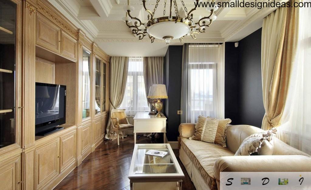 Classic Stalin`s empire style with wooden monolith furniture and massive bronze chandelier