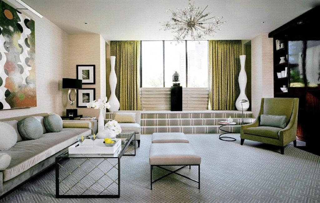 Bold green and pastel mix of colors in the Art Deco living room