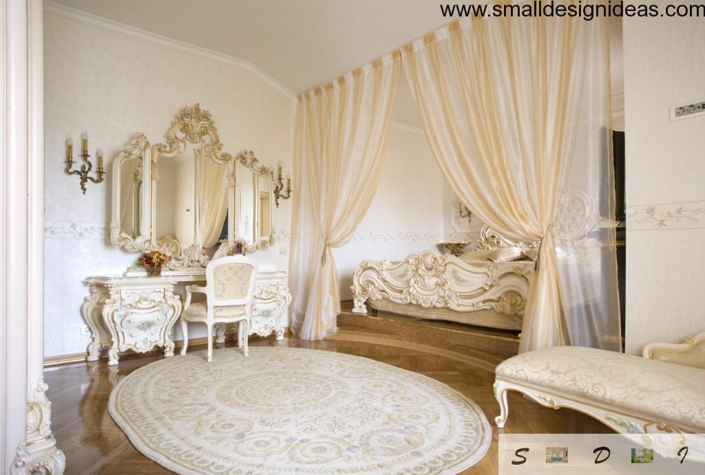 Cute neat boudoir with the nightstand, peculiar carpet and gilded curtain