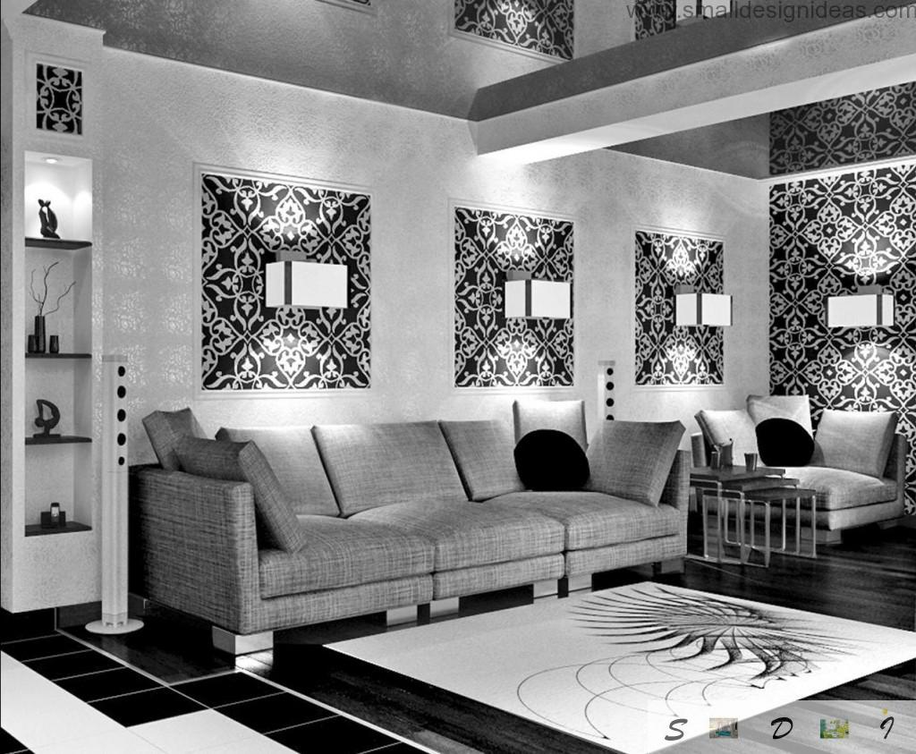 Minimalistic design in black and white themed the living room with ornamentations on the waals