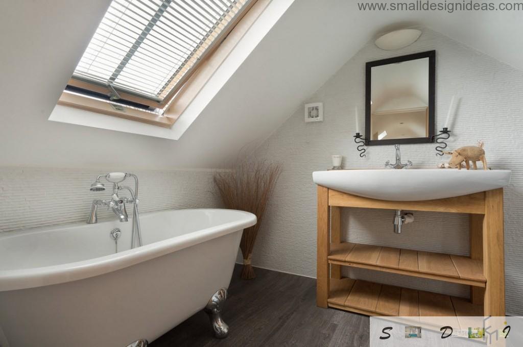 Classic bathroom design ideas. Wooden furniure in the classic bathroom with vaulted ceiling