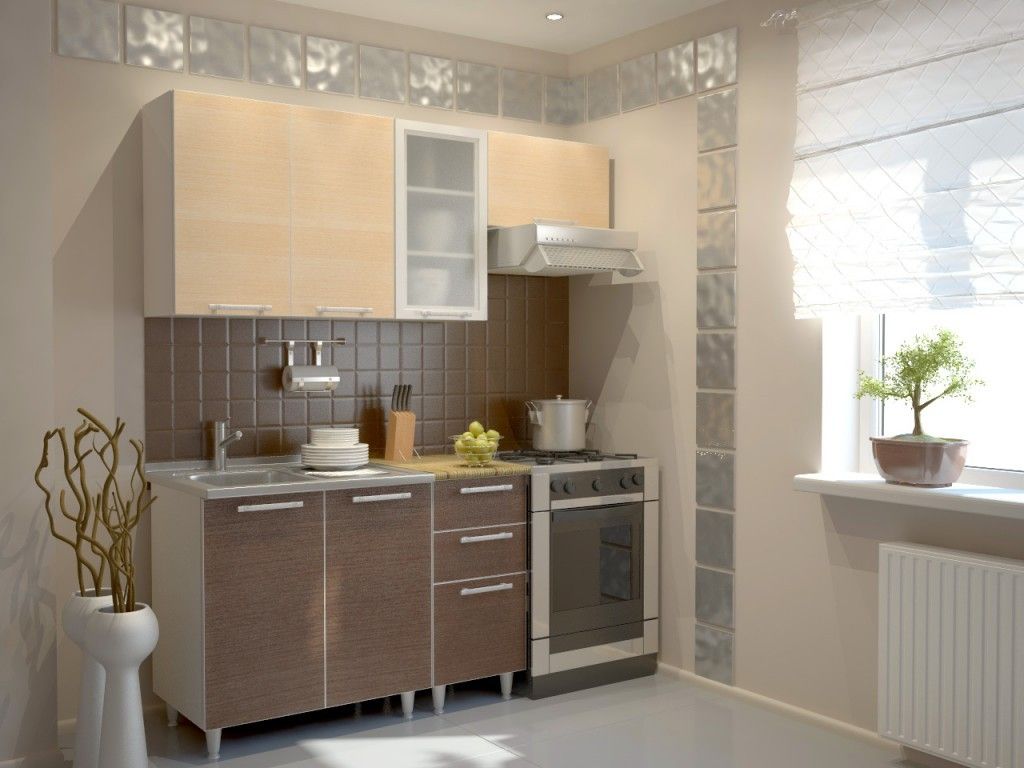 Wjite creamy colored kitchen with all necessary appliances and wide window