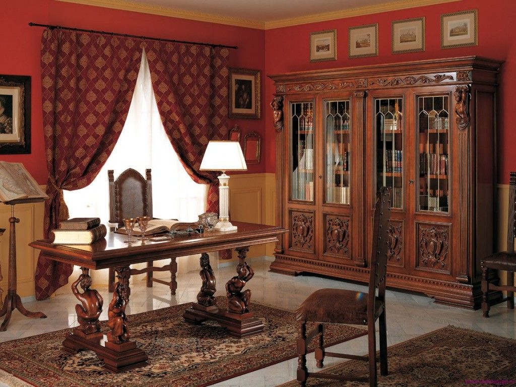 Study room in dark wooden colors and red curtains at the wide windows. Real office for solid businessman