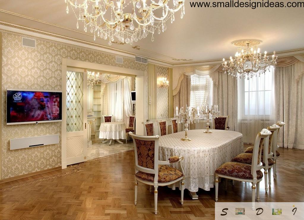 Luxurious and pumpous dining room in the classical concept of the Empire style