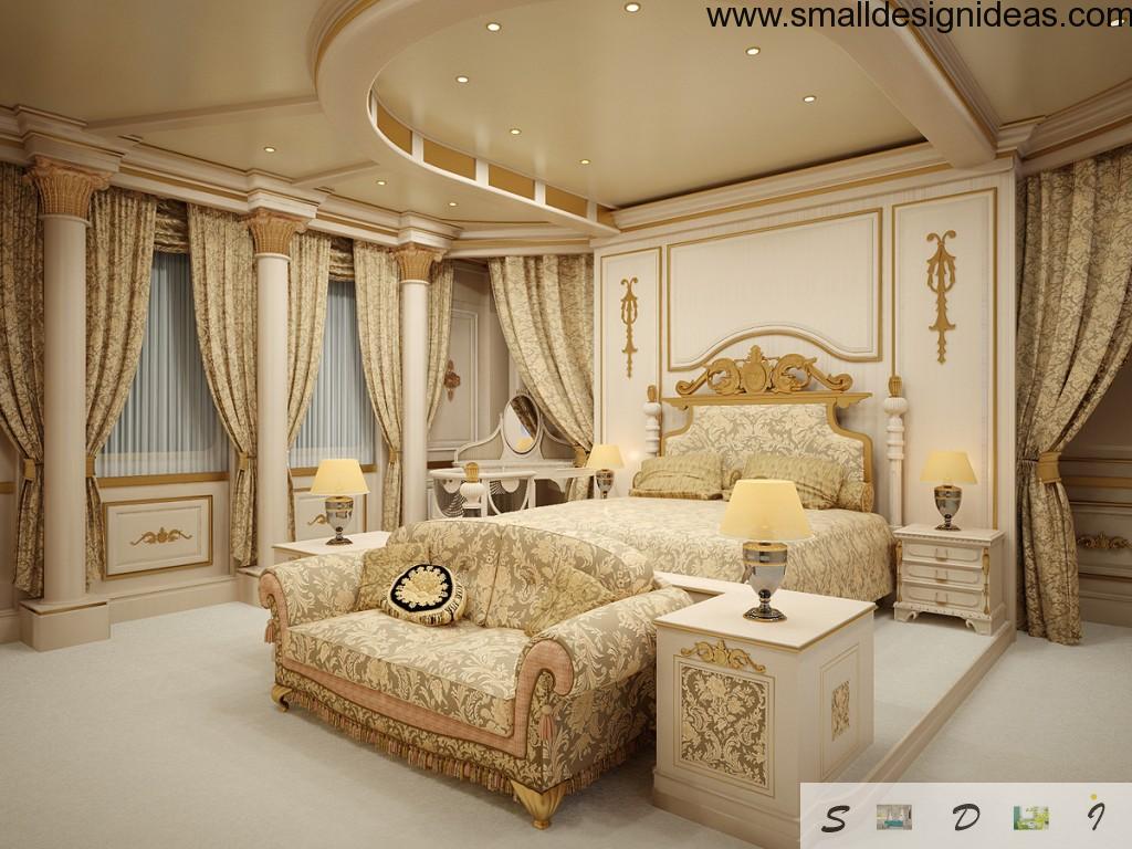 Chic bedroom in Empire style with painted and stylized furniture, trimmed suspended ceiling and gilded paints at the walls