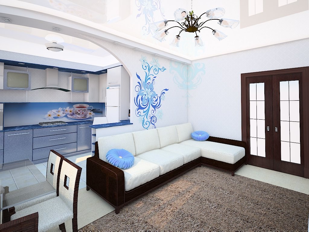 Kitchen-living-room premises in the white and blue colors with dining, cooking and resting zones