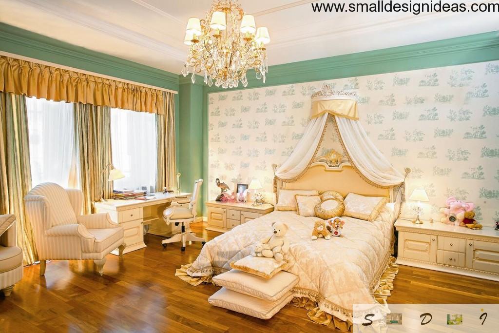 Nice modern children`s bedroom and study room in one. Lots of gold, ancient chandуlier, pastel colors and wallpaper with print