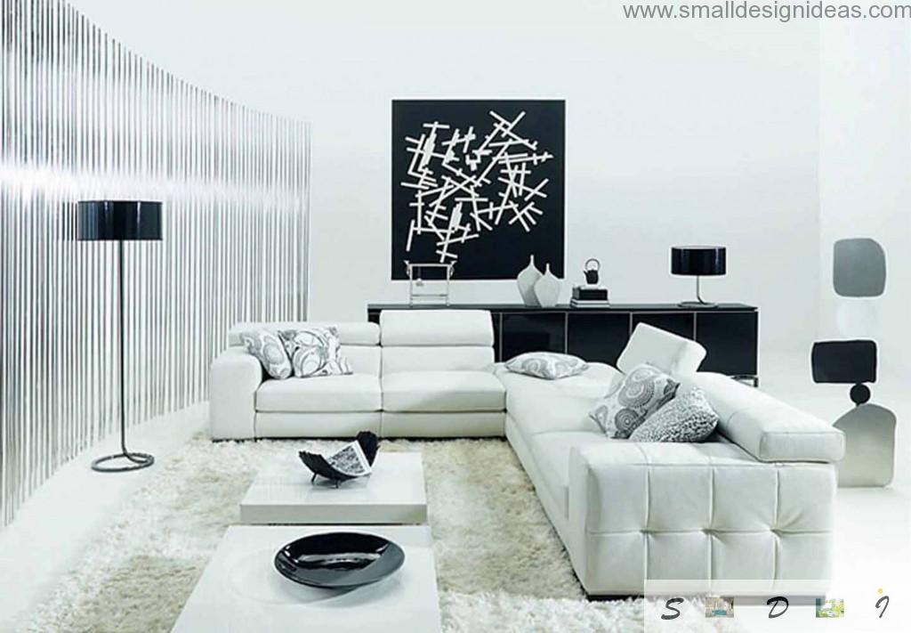 White furniture in black and white interior of the living room with wall expressionism