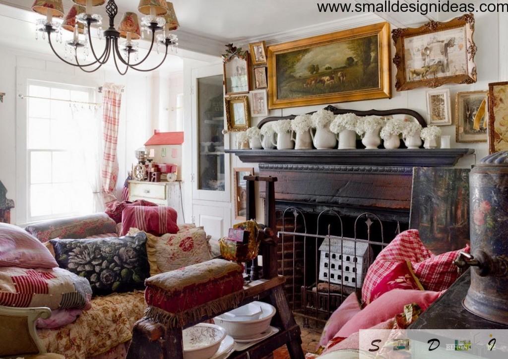 A very big pile of antique and designer things within eclectic living room design with a row of flowers ornamentation of the fireplace