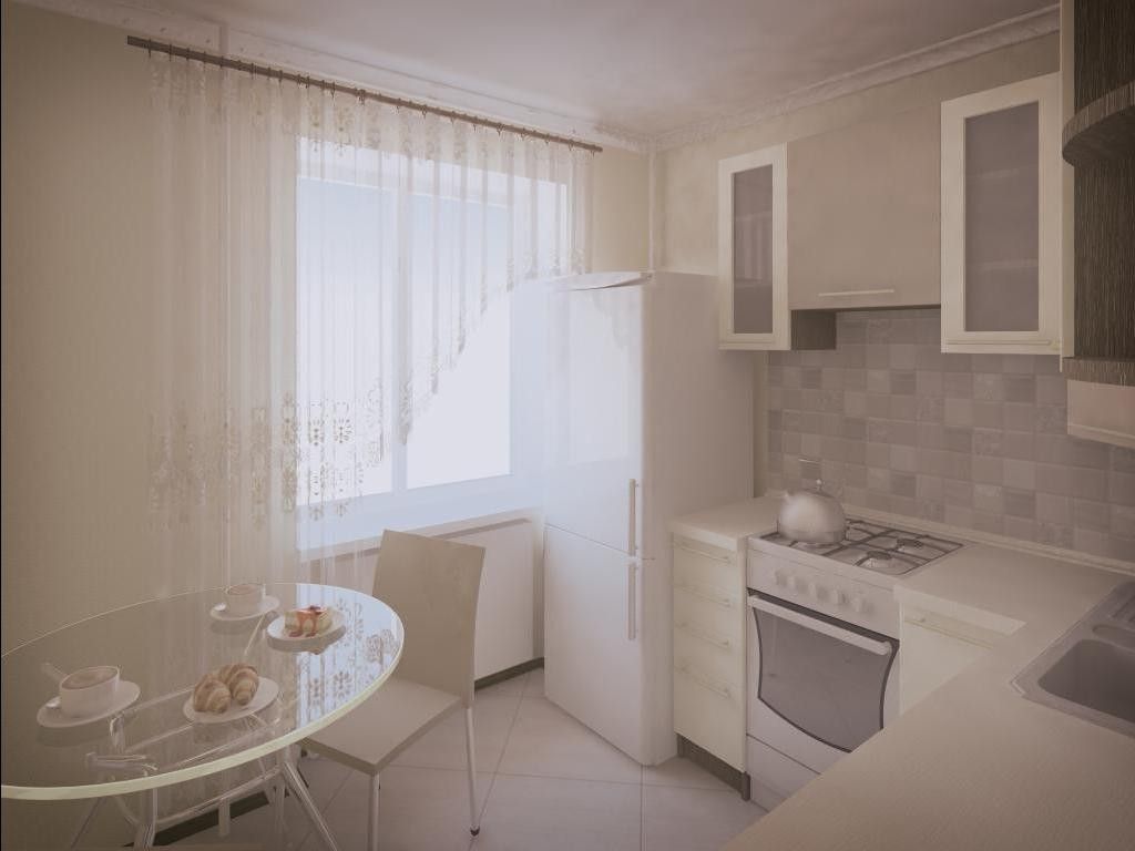 Absolutely white designed kitchen with dinner table, oven and fridge