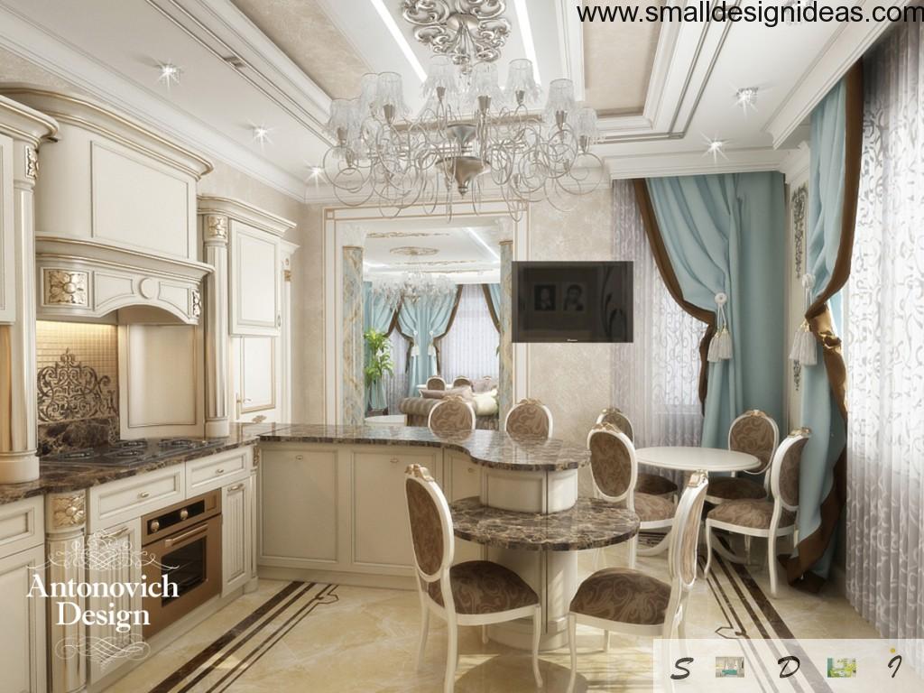 Modern Rococo design of the kitchen with stucco ceiling and marble floor