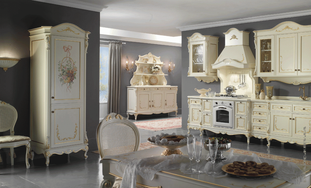 Kitchen in the luxurious Renaissance style in white tones with light gray walls