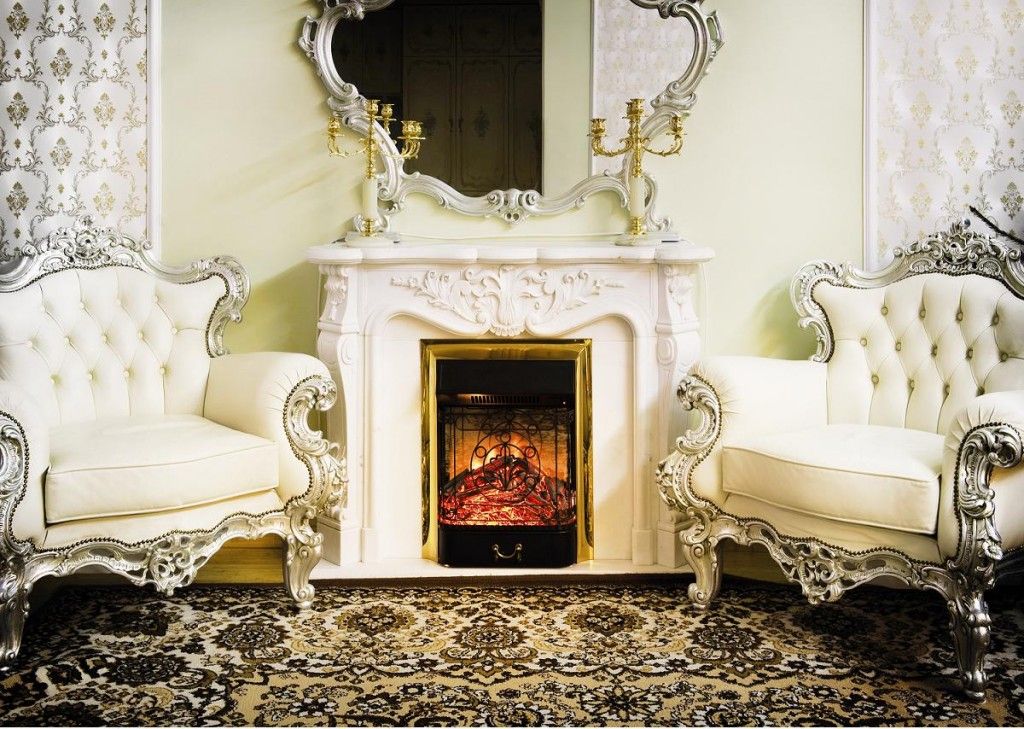 Baroque interior in the countryside house with the fireplace