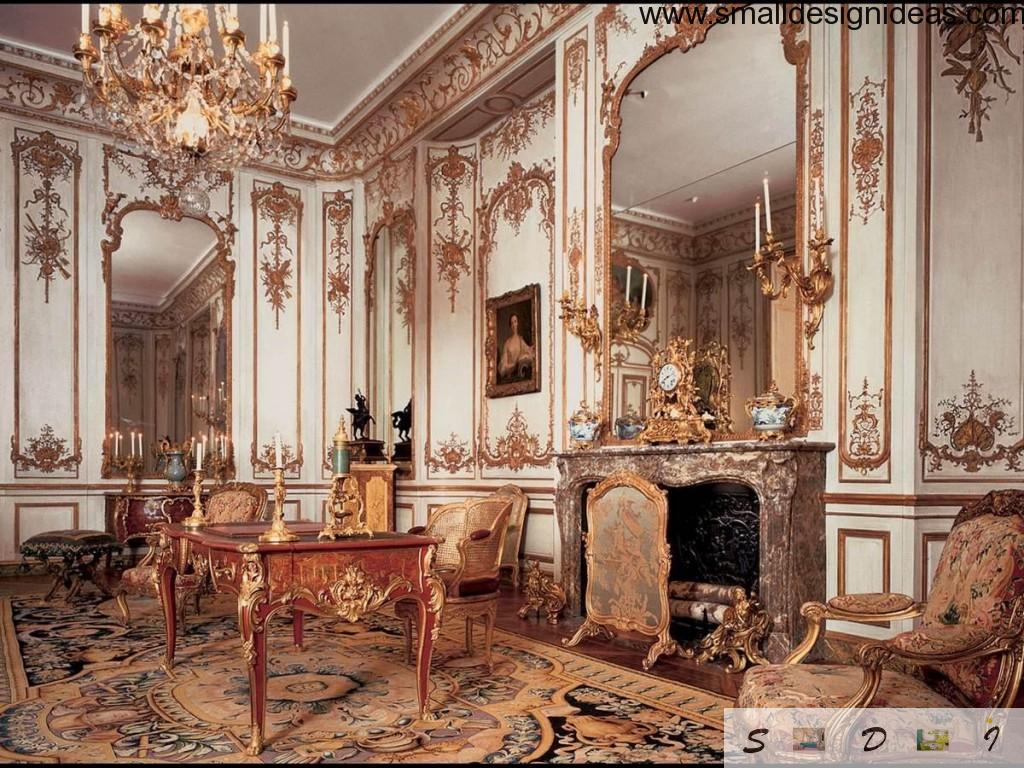Unique carved handmade Rococo style furniture in spacious high room with fireplace and a huge mirror
