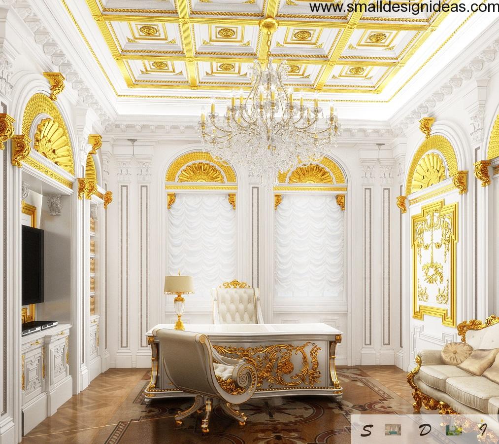 White and gold "classic" combination in modern chic Rococo home office with luxurious furniture simualting past European royal fineness