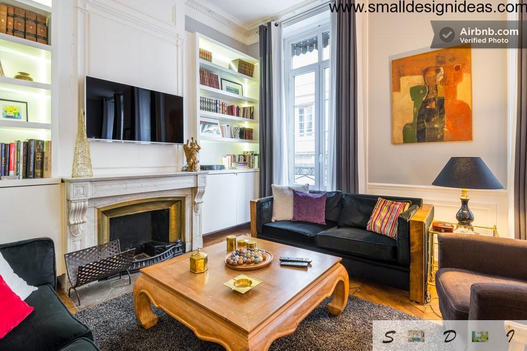 unreal futuristic wooden coffe table as the focal point of contrating eclectic living room interior