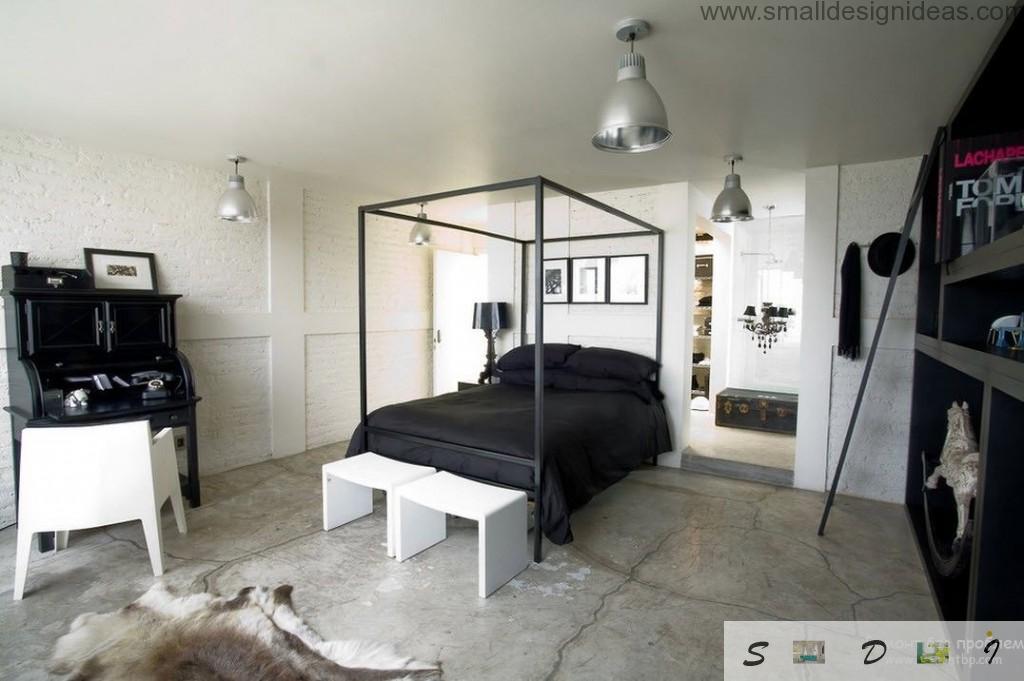 Original men`s bedroom interior with black twin platform bed and canopy skeleton, with white accent backless chairs in the form of nighstand