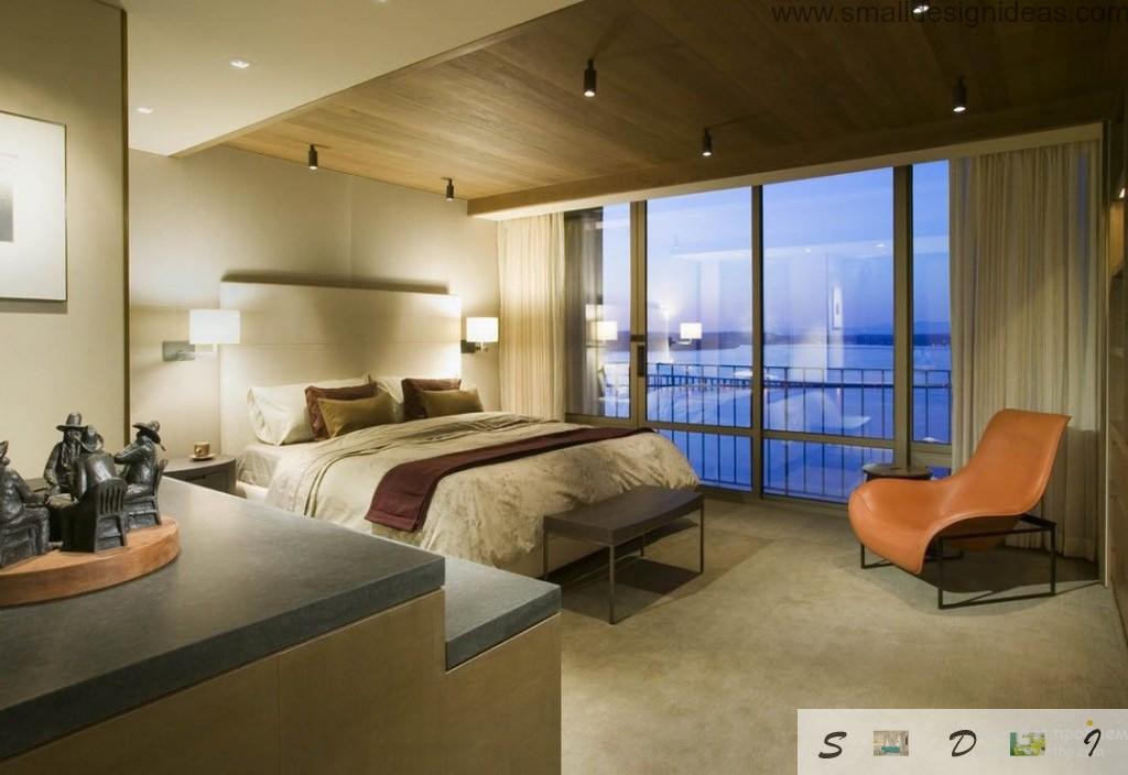 Relaxing ambient of the men's bedroom for sleeping with platform bed and bedside table and marine scenery outside