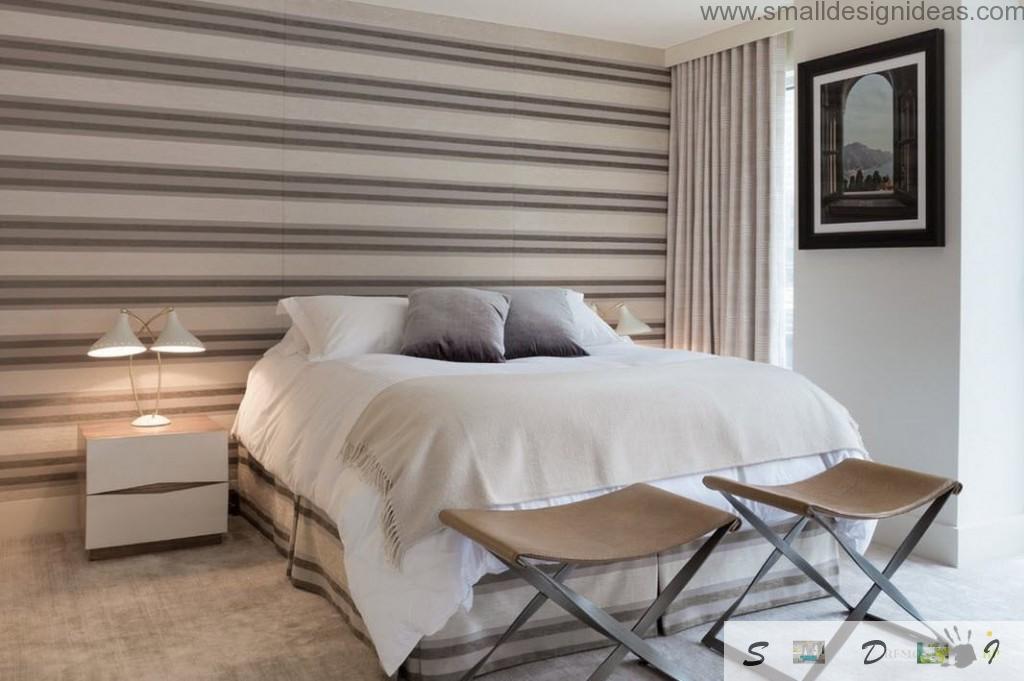 Horizontal stripes on the accent wall in the bedroom