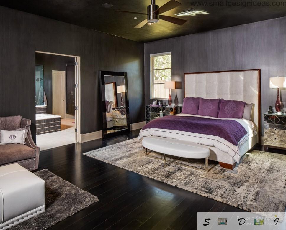 Dark color theme in the contemporary bedroom with fan in the balck ceiling