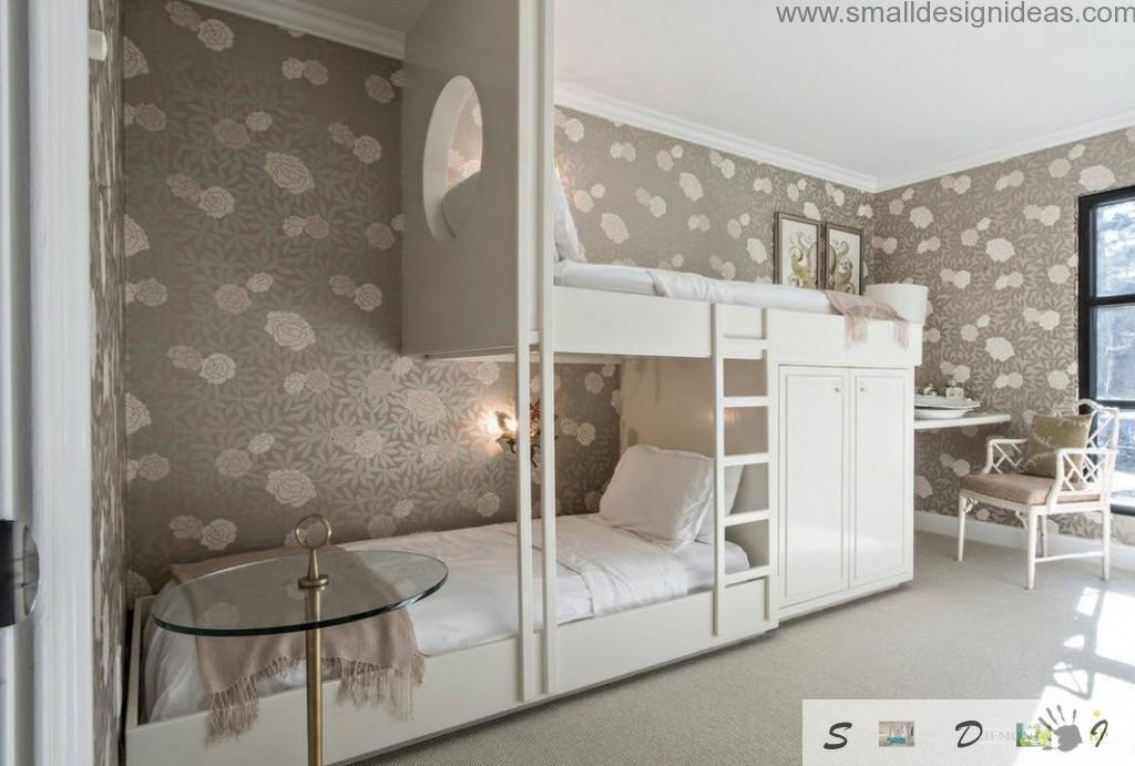 Children`s bedroom with dark brown wallpaper and white complex of white two-level beds