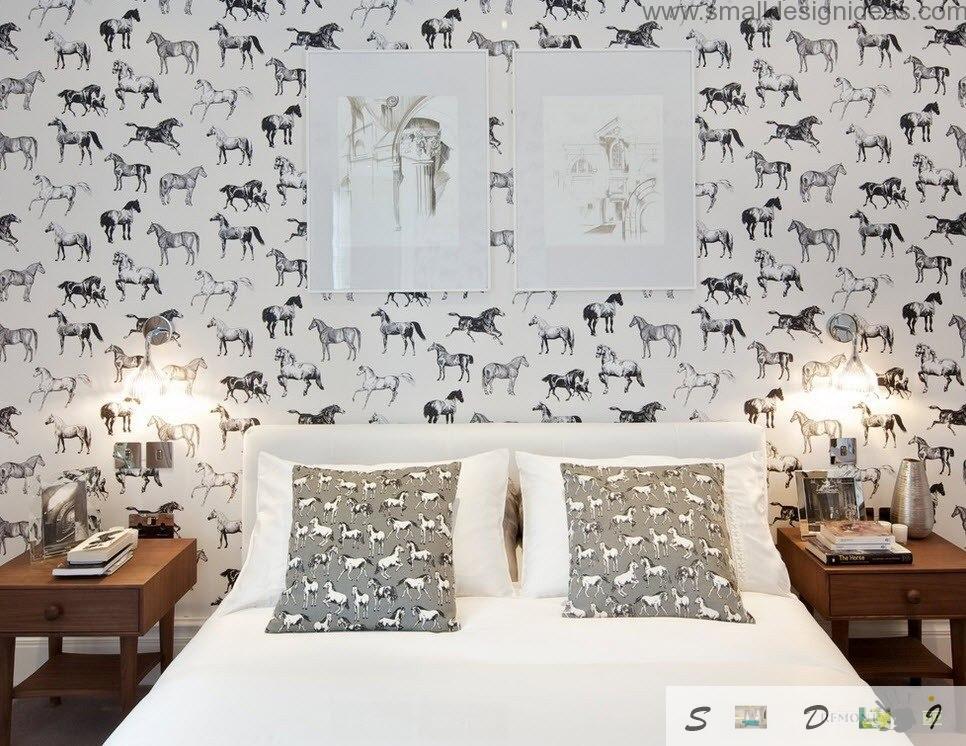 Unusual wallpapering in the bedroom with animalistic horse motive