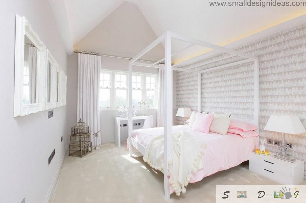 wooden skeleton in the creamy pink girlish bedroom with stripes in the accent wall