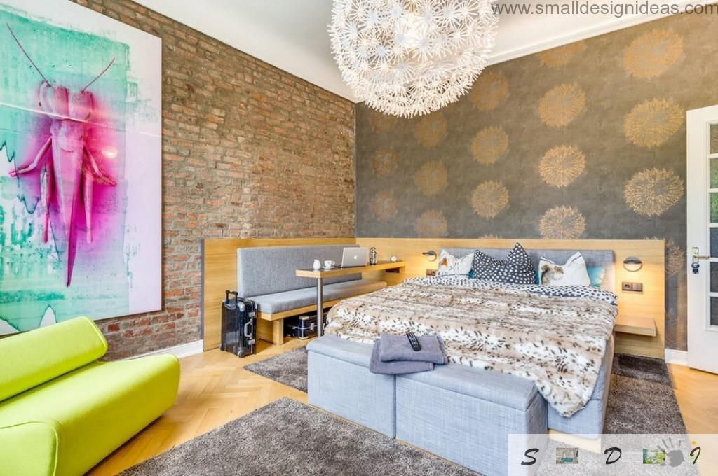 Main bedroom design in the loft apartment in Germany can`t be boring with so bright color palette