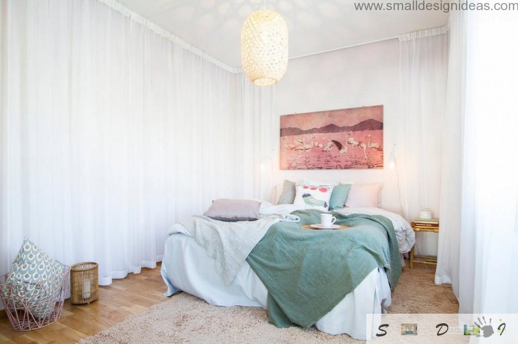 Tulle curtains, wooden floor and picture to decorate modern bedrooms