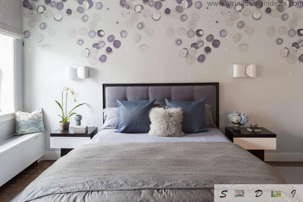 Bedroom Wall Decoration Ideas. Nice white ambience of the modern bedroom decorated with purple shells on the walls