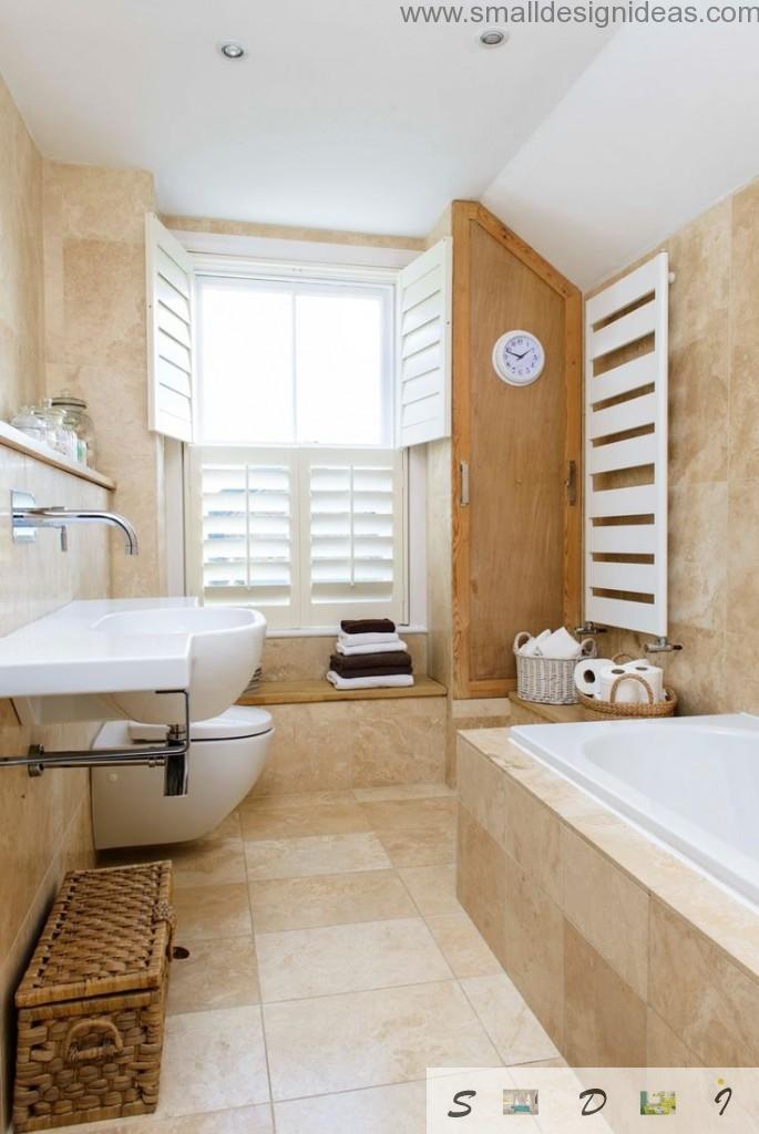 Wooden trimming in the light brown bathroom design